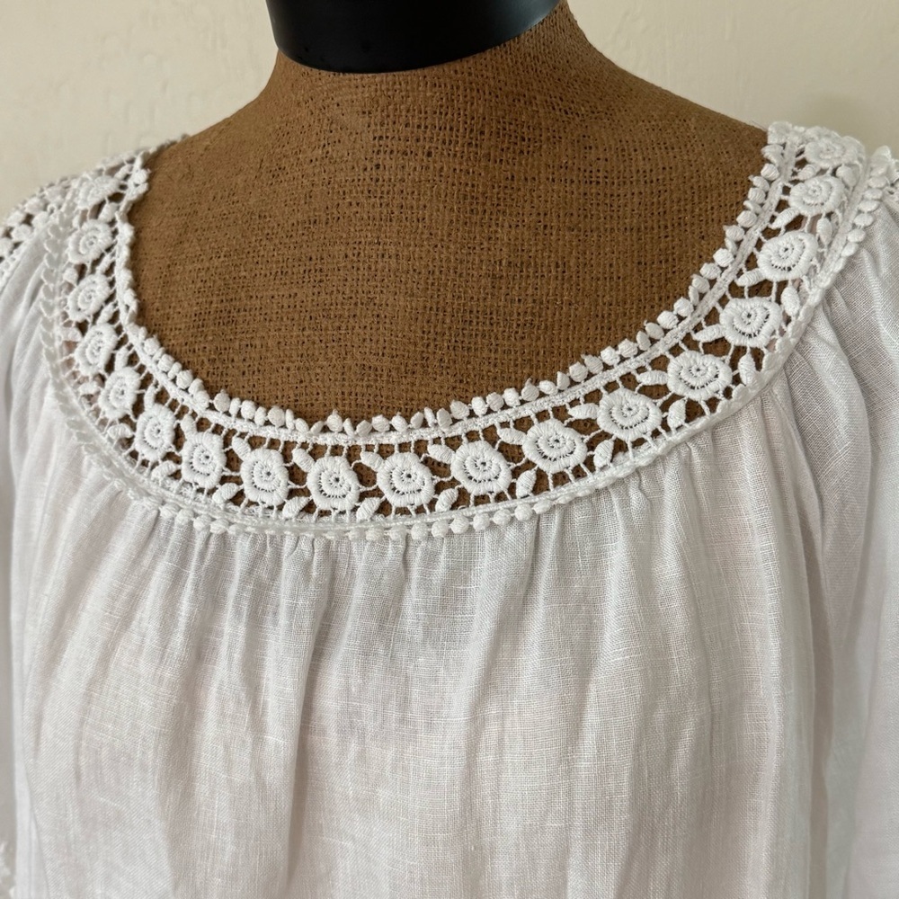 Saks Fifth Avenue 100% Linen white long-sleeve peasant-style blouse lace trim XL - Picture 2 of 7